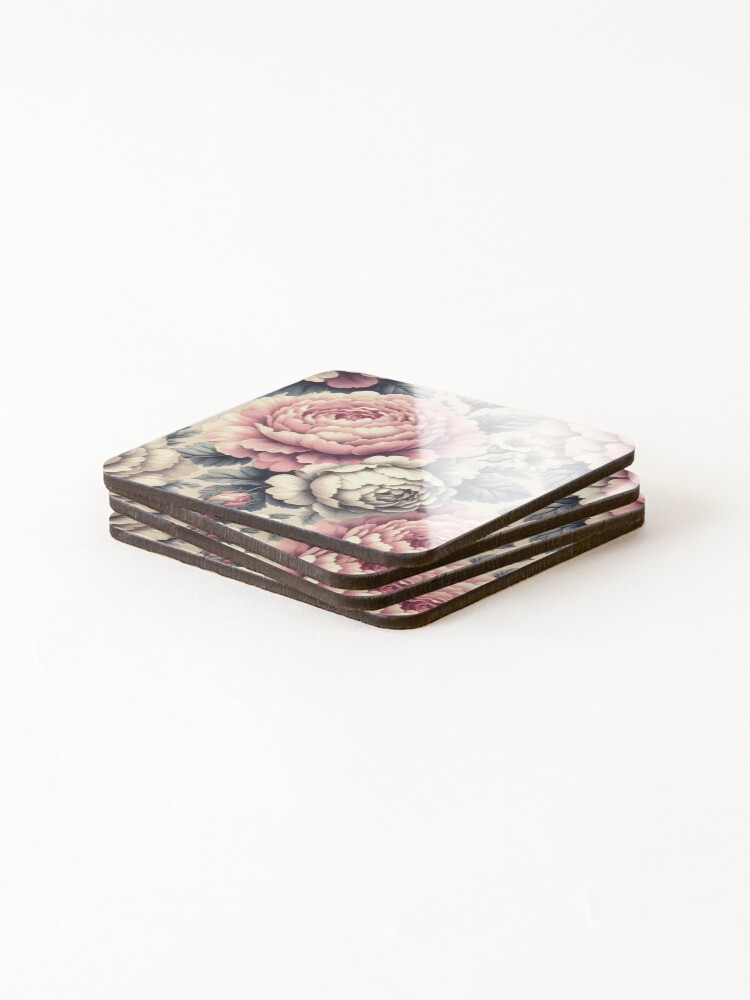 Thumbnail 4 of 5, Coasters (Set of 4), Pink and white Cabbage Roses designed and sold by GraphicsClub.