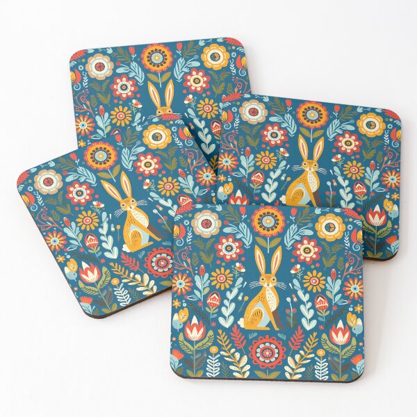 Item preview, Scandinavian Folk Art Hare – Golden Rabbit with Wildflowers on Deep Blue by heidiannemorris ©️  designed and sold by FOLK ART FUSION by heidiannemorris.