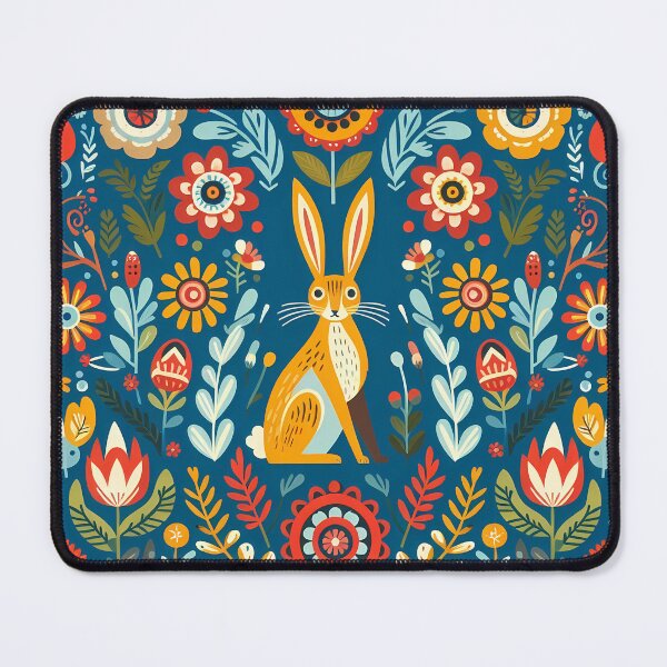 Item preview, Scandinavian Folk Art Hare – Golden Rabbit with Wildflowers on Deep Blue by heidiannemorris ©️  designed and sold by FOLK ART FUSION.