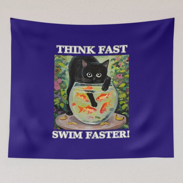 Item preview, Think Fast, Swim Faster – Funny Cat & Goldfish Art designed and sold by Divine Lens Art.