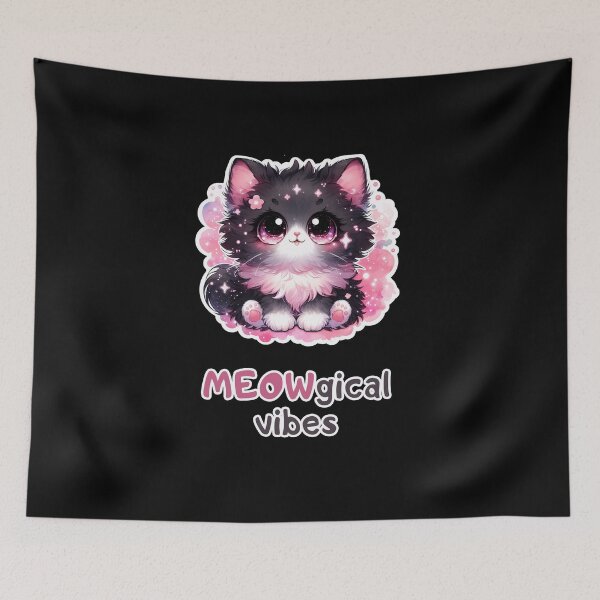 Item preview, Meowgical Vibes. Sweet and adorable fluffy kitten with huge sparkling eyes in pink and black fur, fantasy dreamy background designed and sold by All-Of-Art.