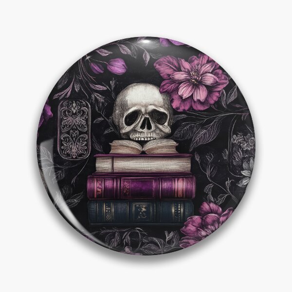 Item preview, skulls and books in purple and black designed and sold by PoppyLaneStudio.