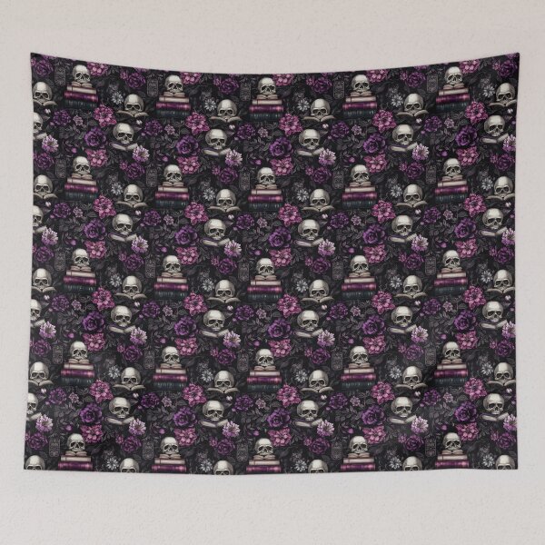 Item preview, skulls and books in purple and black designed and sold by PoppyLaneStudio.