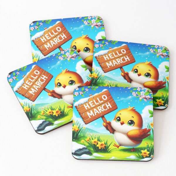 Item preview, Hello March wooden sign showed by a cute yellow little birdie standing among snowy but spring daffodils calendar month art designed and sold by EmeraldeaArt.