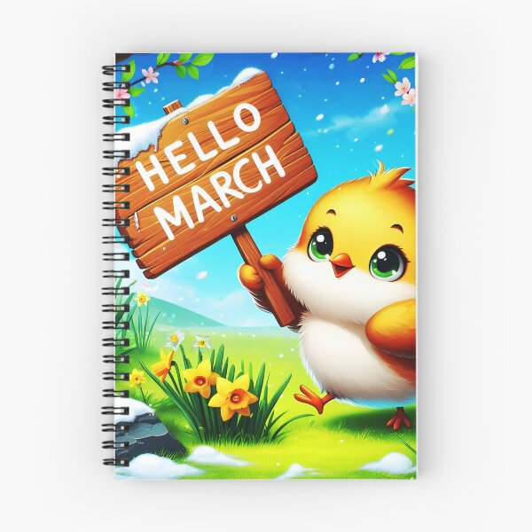 Item preview, Hello March wooden sign showed by a cute yellow little birdie standing among snowy but spring daffodils calendar month art designed and sold by EmeraldeaArt.