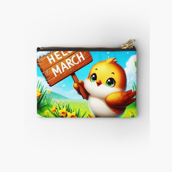 Item preview, Hello March wooden sign showed by a cute yellow little birdie standing among snowy but spring daffodils calendar month art designed and sold by EmeraldeaArt.