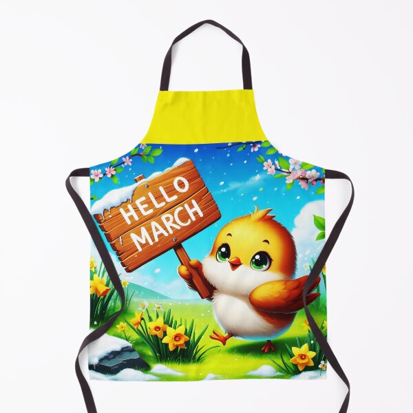 Item preview, Hello March wooden sign showed by a cute yellow little birdie standing among snowy but spring daffodils calendar month art designed and sold by EmeraldeaArt.
