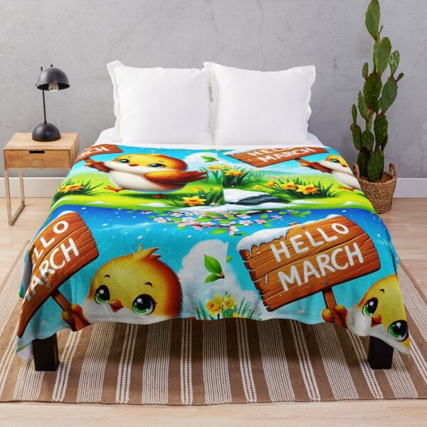 Item preview, Hello March wooden sign showed by a cute yellow little birdie standing among snowy but spring daffodils calendar month art designed and sold by EmeraldeaArt.