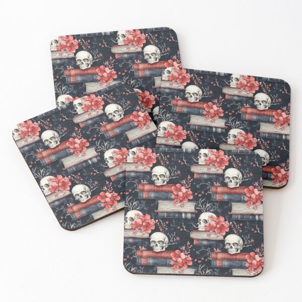 Item preview, skulls and books in red and blue designed and sold by PoppyLaneStudio.