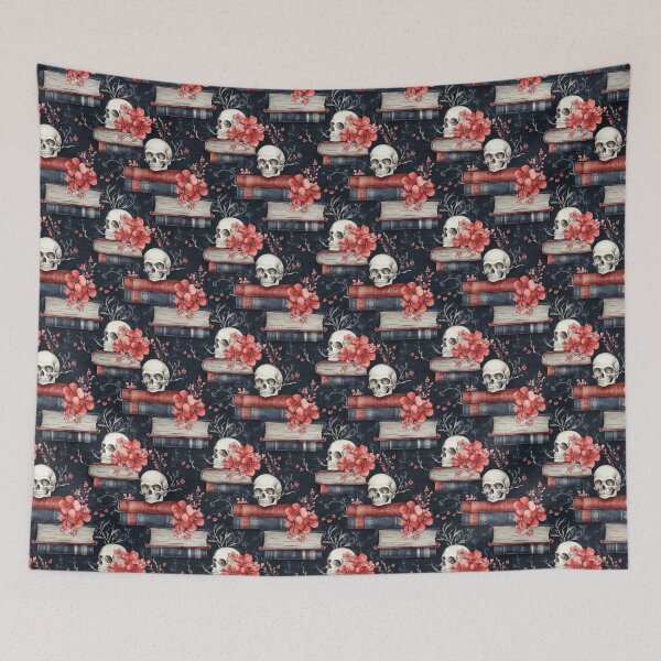 Item preview, skulls and books in red and blue designed and sold by PoppyLaneStudio.