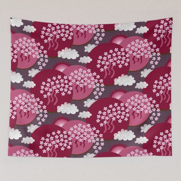 Item preview, Sakura landscape with cherry blossoms, sun and clouds – Japanese art red and purple designed and sold by colorofmagic.