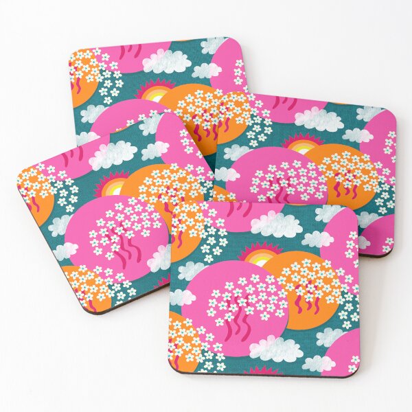 Item preview, Sakura landscape with cherry blossoms, sun and clouds – Japanese art pink and orange designed and sold by colorofmagic.