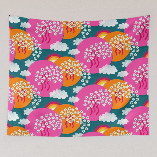 Item preview, Sakura landscape with cherry blossoms, sun and clouds – Japanese art pink and orange designed and sold by colorofmagic.