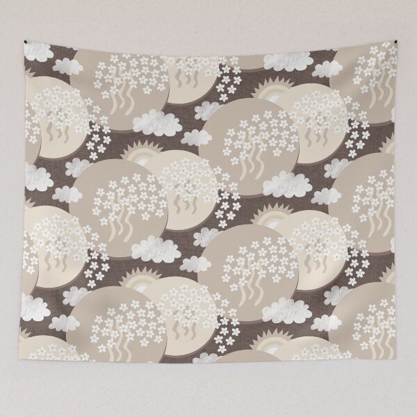 Item preview, Sakura landscape with cherry blossoms, sun and clouds – Japanese art neutral colors designed and sold by colorofmagic.