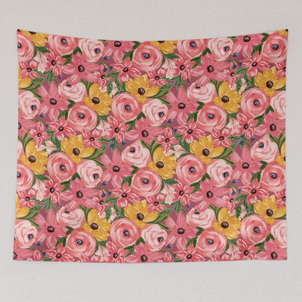 Item preview, Bold Pink Red and Yellow Flowers Rose Gold Pink designed and sold by JasmineGDesigns.