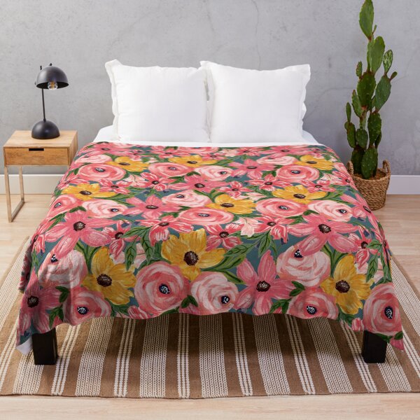 Item preview, Bold Pink Red and Yellow Flowers Deep Teal Blue designed and sold by JasmineGDesigns.