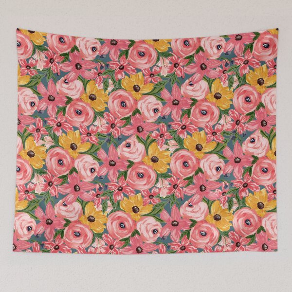 Item preview, Bold Pink Red and Yellow Flowers Deep Teal Blue designed and sold by JasmineGDesigns.