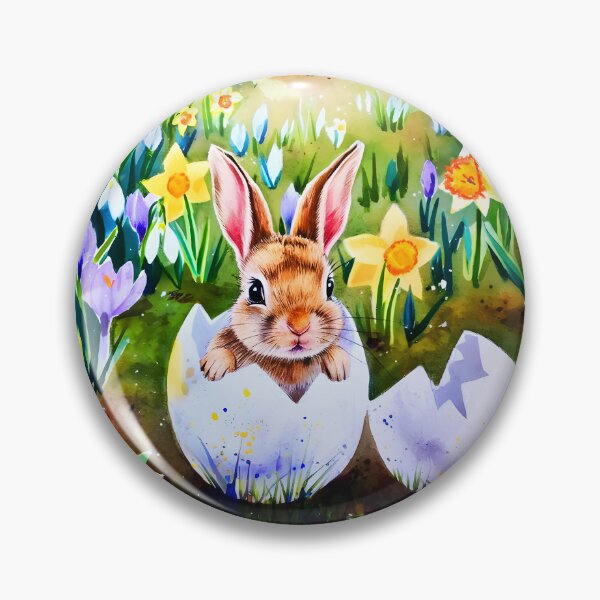 Artikelvorschau, Niedliches kleines Häschen sitzt auf einer zerbrochenen Eierschale zwischen Frühlingsblumen, Krokussen, Narzissen und Schneeglöckchen, Aquarellmalerei entworfen und verkauft von EmeraldeaArt.