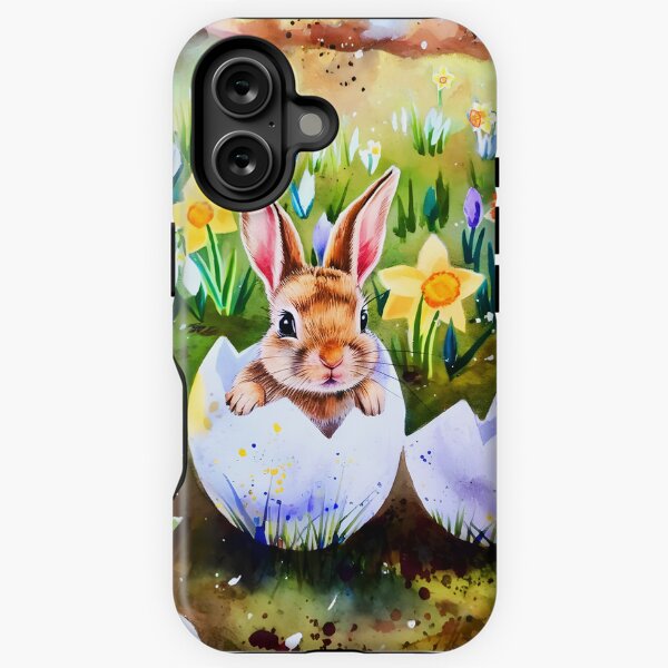 Artikel-Vorschau von Niedliches kleines Häschen sitzt auf einer zerbrochenen Eierschale zwischen Frühlingsblumen, Krokussen, Narzissen und Schneeglöckchen, Aquarellmalerei, designt und verkauft von EmeraldeaArt.