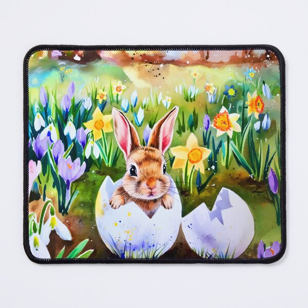 Item preview, Cute little baby bunny sitting on a cracked eggshell among spring flowers crocuses daffodils and snowdrops watercolor aquarelle painting designed and sold by EmeraldeaArt.