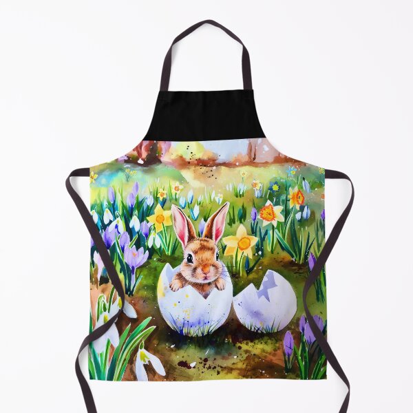 Item preview, Cute little baby bunny sitting on a cracked eggshell among spring flowers crocuses daffodils and snowdrops watercolor aquarelle painting designed and sold by EmeraldeaArt.