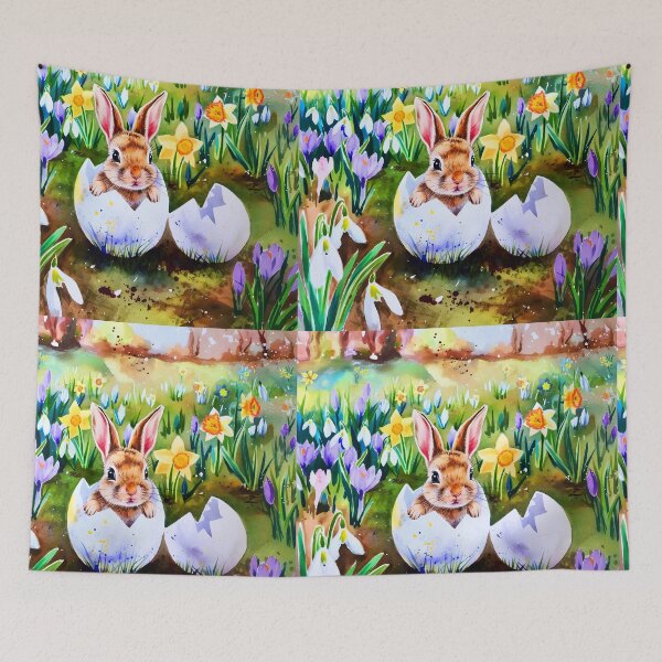 Item preview, Cute little baby bunny sitting on a cracked eggshell among spring flowers crocuses daffodils and snowdrops watercolor aquarelle painting designed and sold by EmeraldeaArt.