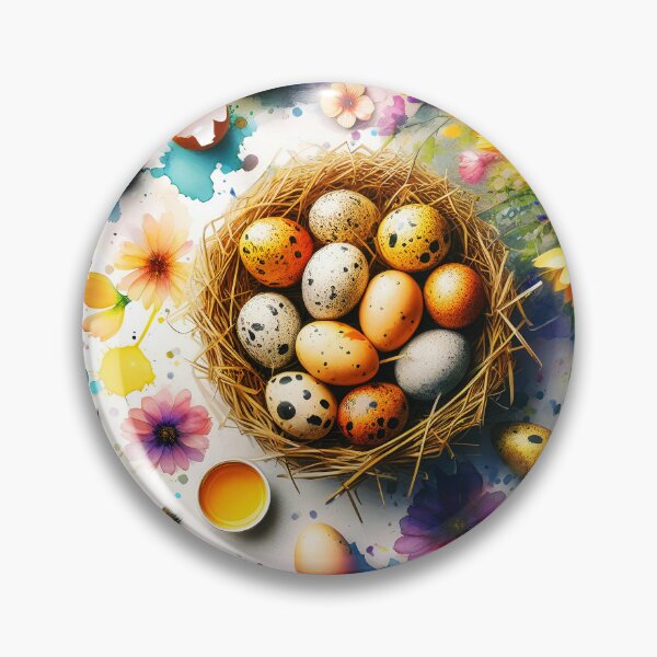Item preview, Spotted eggs in a nest on a table surrounded by aquarelle florals and paints and paintbrushes easter artsy illustrationor aquarelle painting designed and sold by EmeraldeaArt.