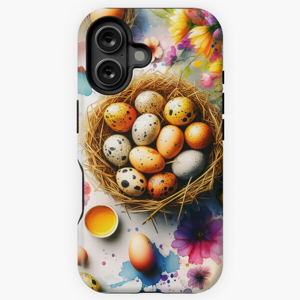 Artikel-Vorschau von Gefleckte Eier in einem Nest auf einem Tisch, umgeben von Aquarellblumen und Farben und Pinseln, Ostern, künstlerische Illustration oder Aquarellmalerei, designt und verkauft von EmeraldeaArt.