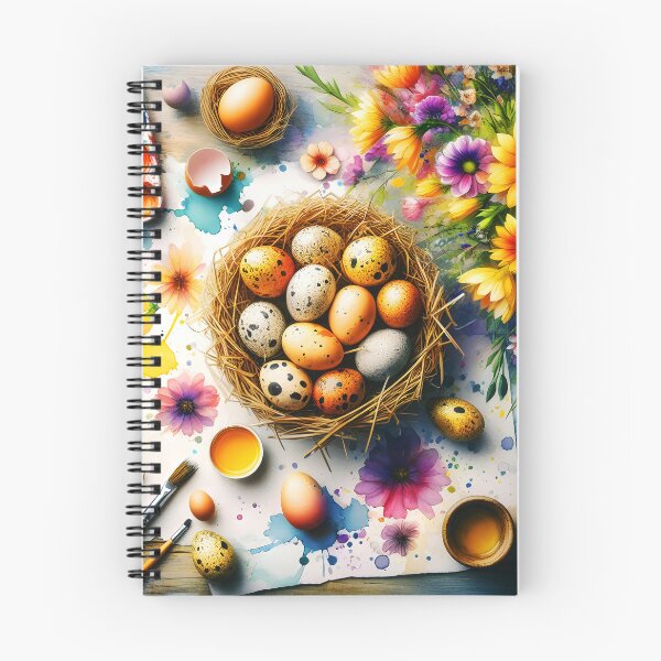 Item preview, Spotted eggs in a nest on a table surrounded by aquarelle florals and paints and paintbrushes easter artsy illustrationor aquarelle painting designed and sold by EmeraldeaArt.