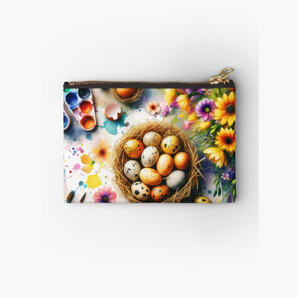 Item preview, Spotted eggs in a nest on a table surrounded by aquarelle florals and paints and paintbrushes easter artsy illustrationor aquarelle painting designed and sold by EmeraldeaArt.