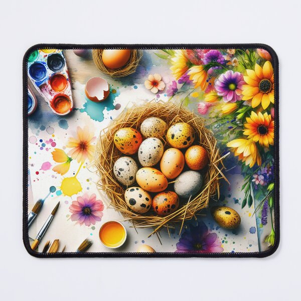 Item preview, Spotted eggs in a nest on a table surrounded by aquarelle florals and paints and paintbrushes easter artsy illustrationor aquarelle painting designed and sold by EmeraldeaArt.