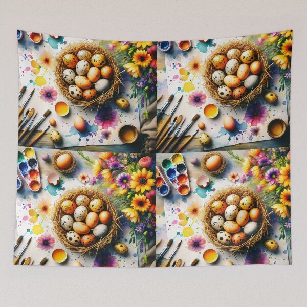 Item preview, Spotted eggs in a nest on a table surrounded by aquarelle florals and paints and paintbrushes easter artsy illustrationor aquarelle painting designed and sold by EmeraldeaArt.