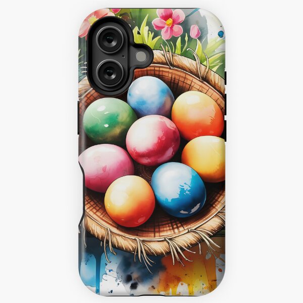 Artikel-Vorschau von Bunt bemalte Ostereier in einem kleinen Korb auf Holztisch draußen und Blumen um Aquarell, designt und verkauft von EmeraldeaArt.