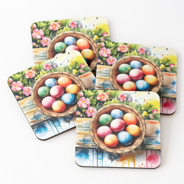 Item preview, colorful painted easter eggs in a little basket on wooden table outside and flowers around watercolor designed and sold by EmeraldeaArt.