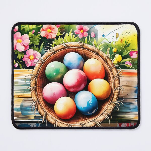 Item preview, colorful painted easter eggs in a little basket on wooden table outside and flowers around watercolor designed and sold by EmeraldeaArt.