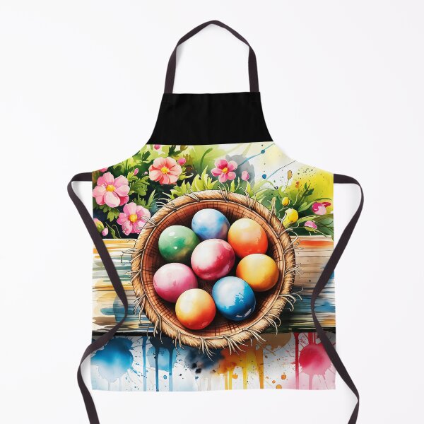 Item preview, colorful painted easter eggs in a little basket on wooden table outside and flowers around watercolor designed and sold by EmeraldeaArt.