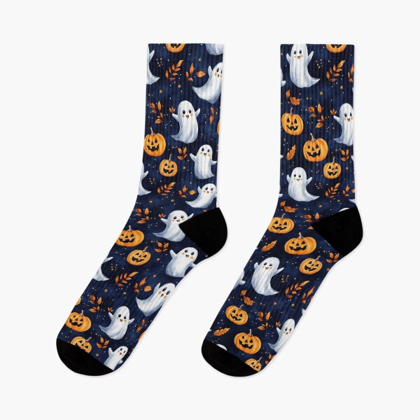 Item preview, adorable ghosts and spooky pumpkins on blue background designed and sold by PoppyLaneStudio.