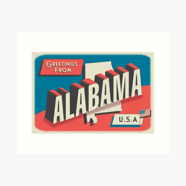 Item preview, Greetings from Alabama retro travel postcard design with state map and patriotic American Flag designed and sold by Jdawnink.