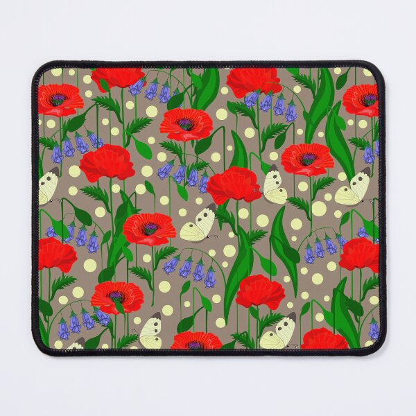 Item preview, Red poppies, bluebell flowers, butterflies, grey background. Seamless floral pattern-131. designed and sold by Natalya Alexandrou.