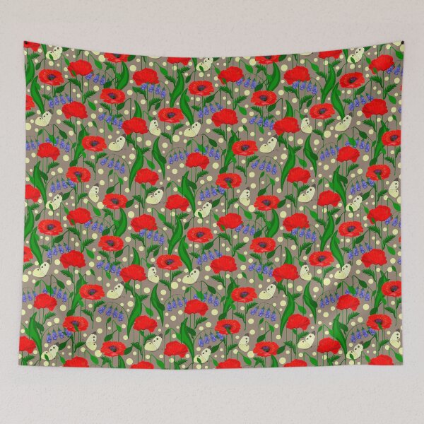 Item preview, Red poppies, bluebell flowers, butterflies, grey background. Seamless floral pattern-131. designed and sold by Natalya Alexandrou.