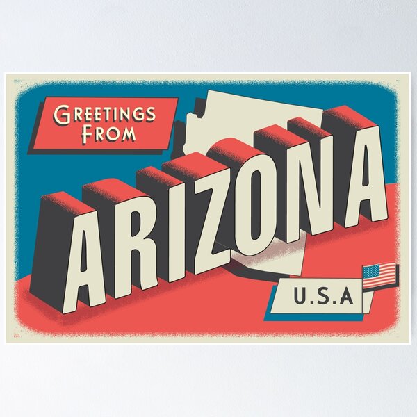 Item preview, Greetings from Arizona retro travel postcard design with state map and patriotic American Flag designed and sold by Jdawnink.