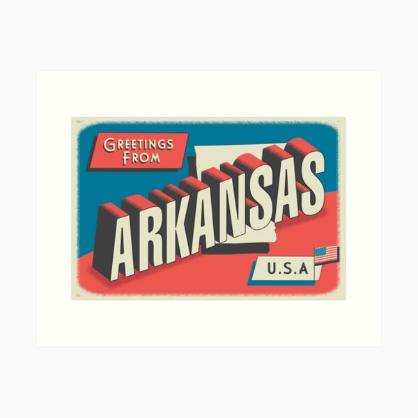 Item preview, Greetings from Arkansas retro travel postcard design with state map and patriotic American Flag designed and sold by Jdawnink.