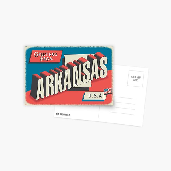 Item preview, Greetings from Arkansas retro travel postcard design with state map and patriotic American Flag designed and sold by Jdawnink.
