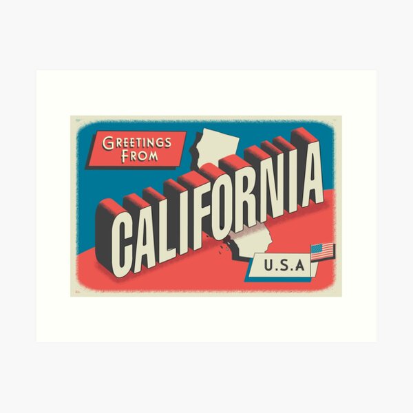 Item preview, Greetings from California retro travel postcard design with state map and patriotic American Flag designed and sold by Jdawnink.