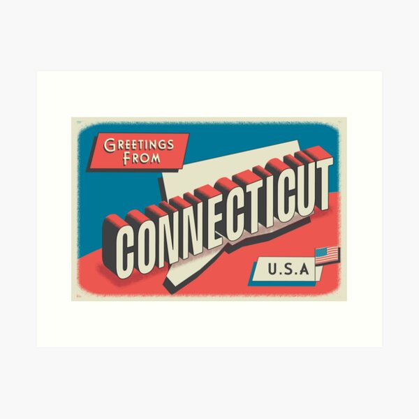Item preview, Greetings from Connecticut retro travel postcard design with state map and patriotic American Flag designed and sold by Jdawnink.