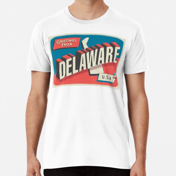 Item preview, Greetings from Delaware retro travel postcard design with state map and patriotic American Flag designed and sold by Jdawnink.