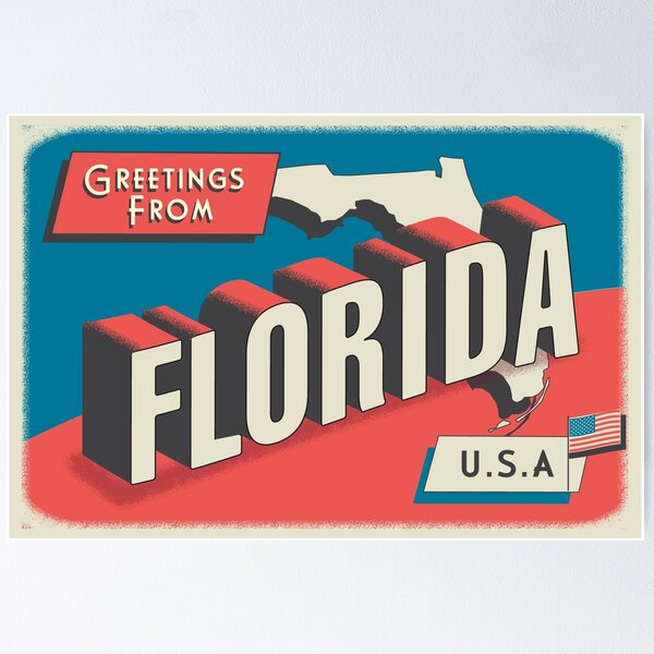 Item preview, Greetings from Florida retro travel postcard design with state map and patriotic American Flag designed and sold by Jdawnink.