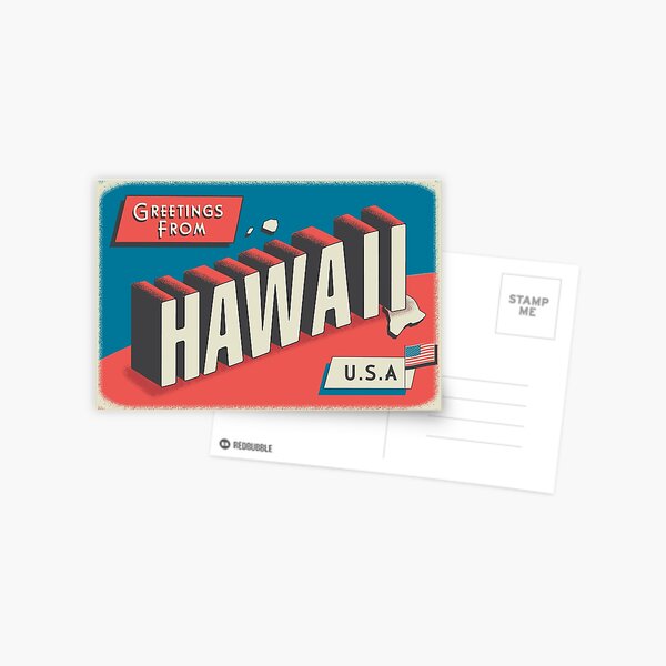 Item preview, Greetings from Hawaii retro travel postcard design with state map and patriotic American Flag designed and sold by Jdawnink.