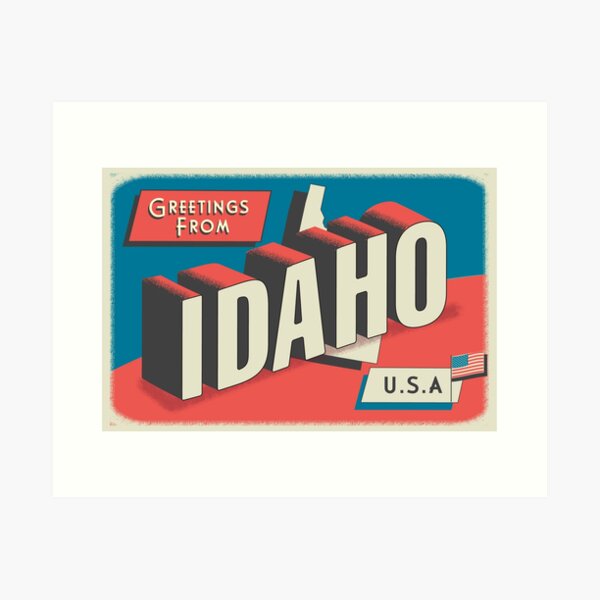 Item preview, Greetings from Idaho retro travel postcard design with state map and patriotic American Flag designed and sold by Jdawnink.