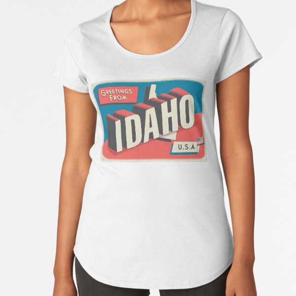 Item preview, Greetings from Idaho retro travel postcard design with state map and patriotic American Flag designed and sold by Jdawnink.